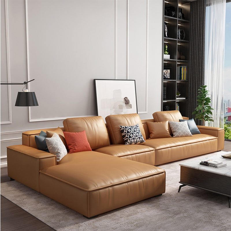 Contemporary Stationary Faux Leather Living Room Recessed Arm Sofa Chaise