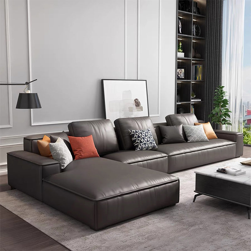 Contemporary Stationary Faux Leather Living Room Recessed Arm Sofa Chaise