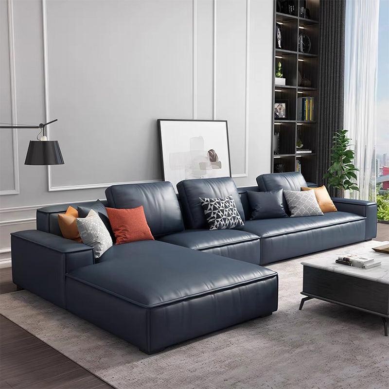 Contemporary Stationary Faux Leather Living Room Recessed Arm Sofa Chaise