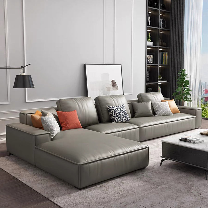 Contemporary Stationary Faux Leather Living Room Recessed Arm Sofa Chaise