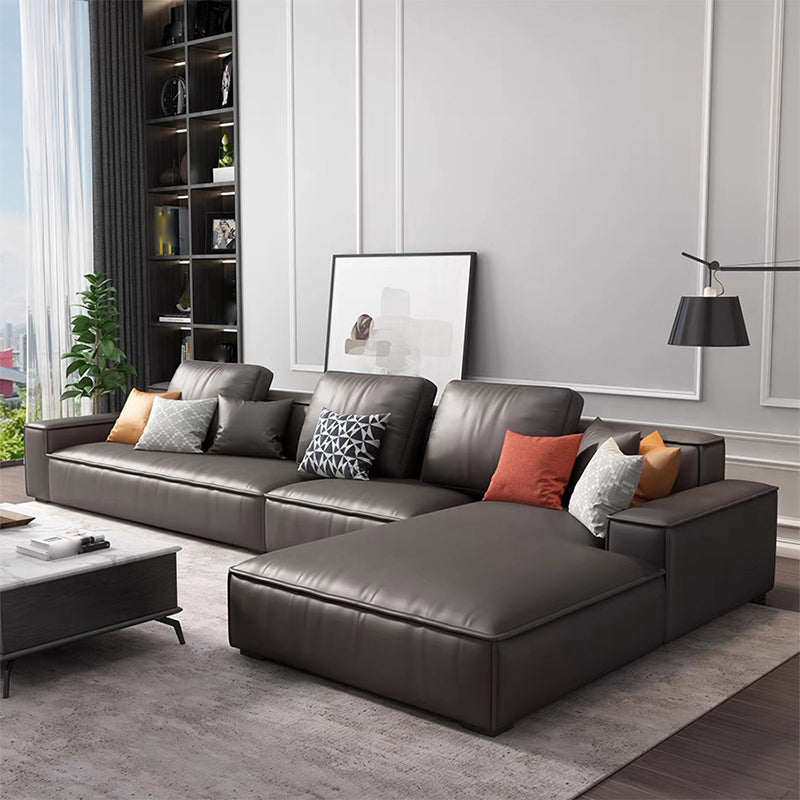 Contemporary Stationary Faux Leather Living Room Recessed Arm Sofa Chaise