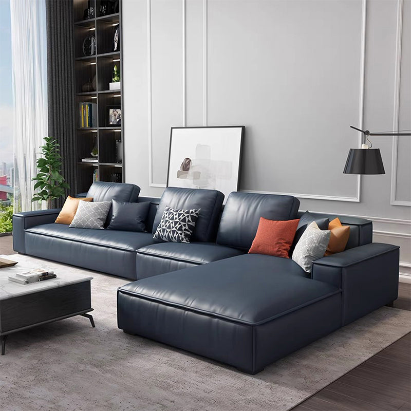 Contemporary Stationary Faux Leather Living Room Recessed Arm Sofa Chaise