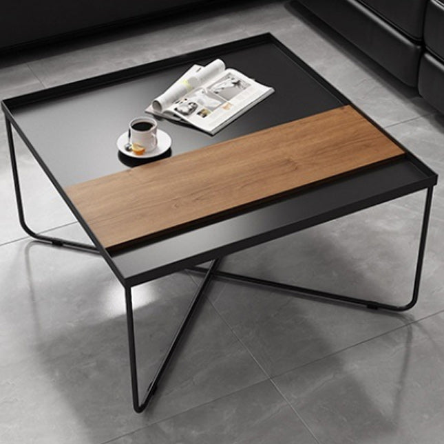 Mid-Century Modern Coffee Table with Iron Tray Top and Iron Cross Base