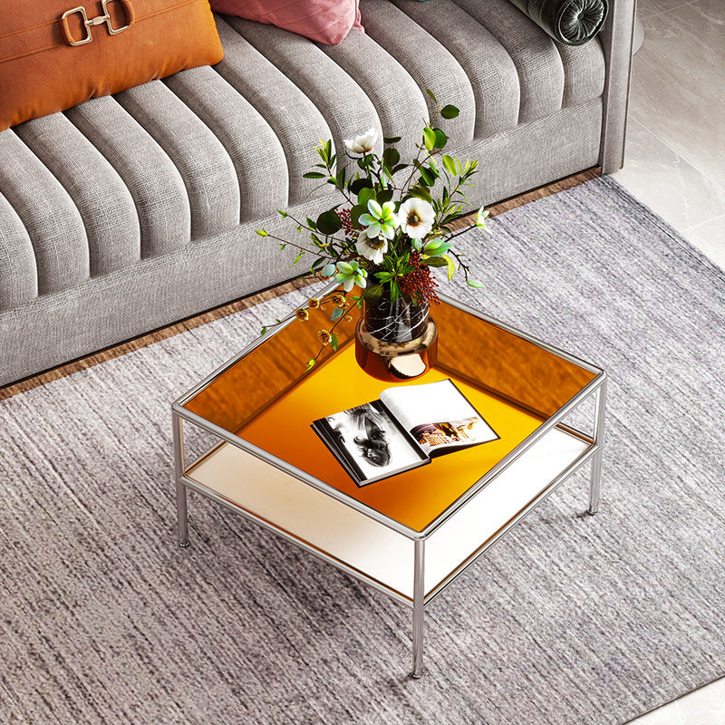 Contemporary Square Coffee Table with Shelf and Glass Top and Steel 4 Legs