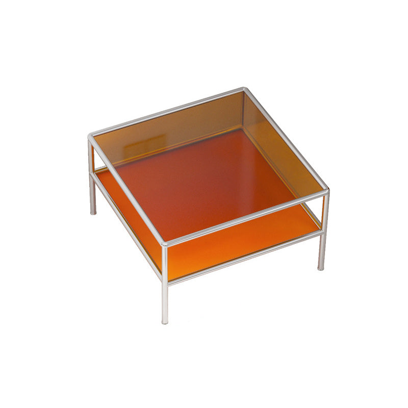 Contemporary Square Coffee Table with Shelf and Glass Top and Steel 4 Legs