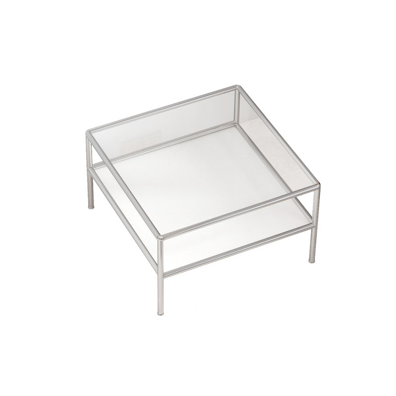 Contemporary Square Coffee Table with Shelf and Glass Top and Steel 4 Legs
