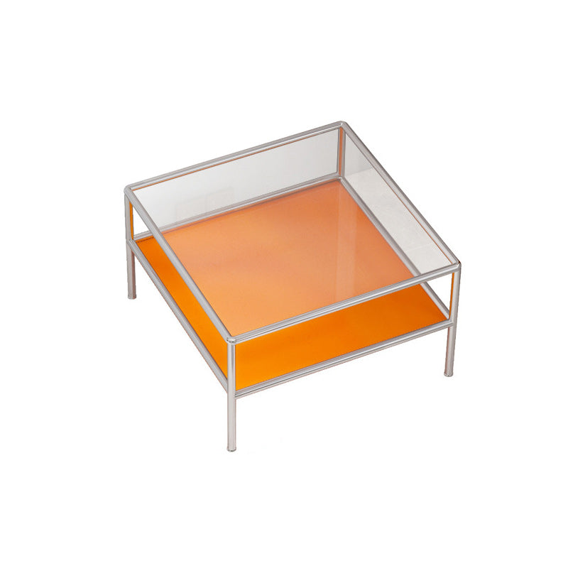 Contemporary Square Coffee Table with Shelf and Glass Top and Steel 4 Legs