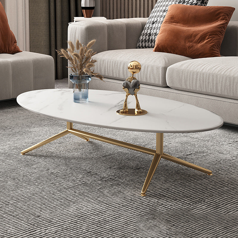 Glam Style Coffee Table with Oval Stone Top and Steel Trestle Base