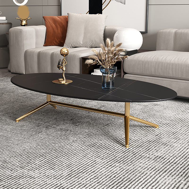 Glam Style Coffee Table with Oval Stone Top and Steel Trestle Base