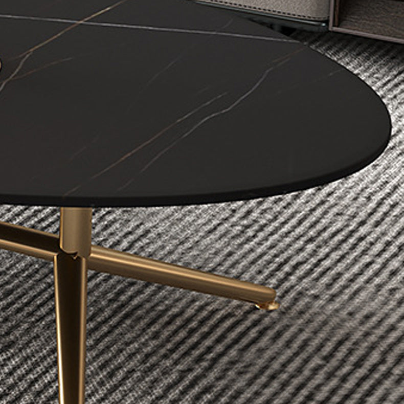 Glam Style Coffee Table with Oval Stone Top and Steel Trestle Base