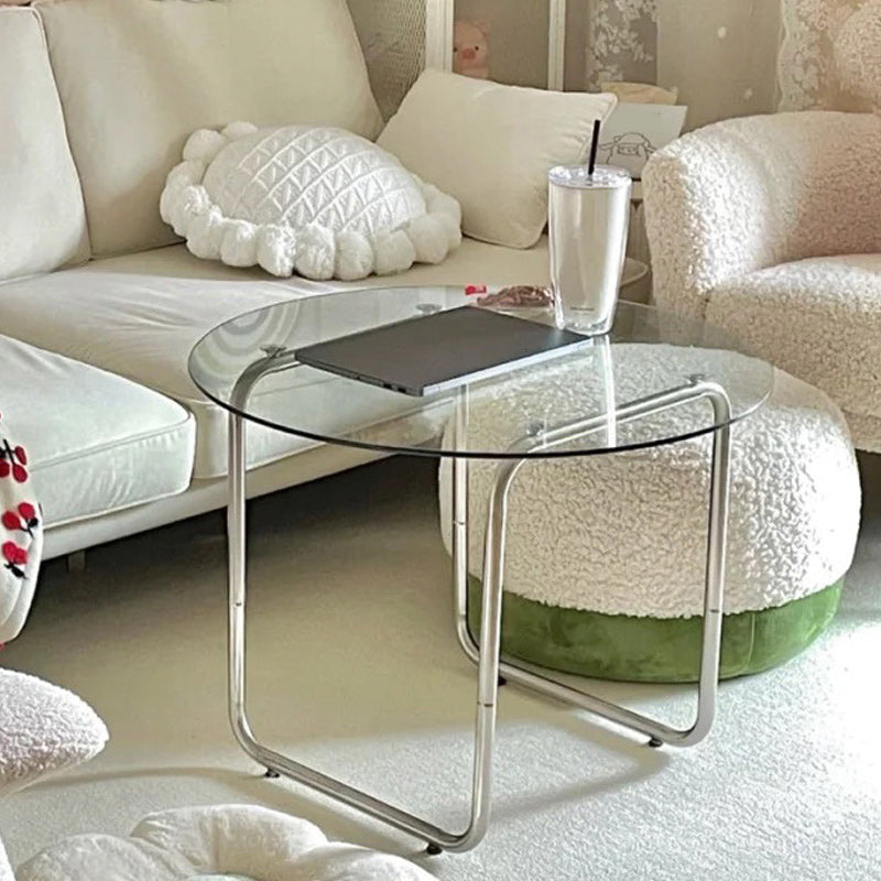 Modern Round Cocktail Table with Glass Top and Steel Sled Base