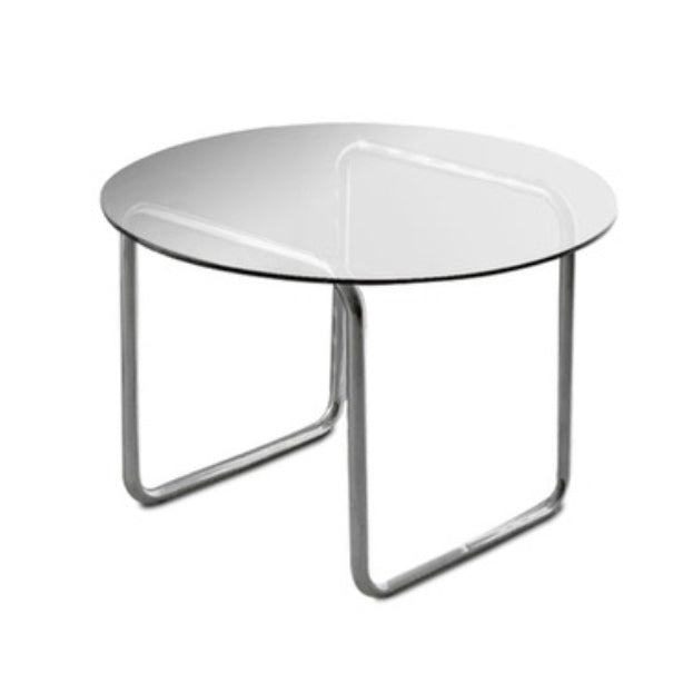 Modern Round Cocktail Table with Glass Top and Steel Sled Base