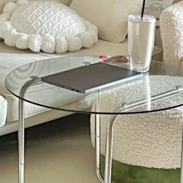 Modern Round Cocktail Table with Glass Top and Steel Sled Base