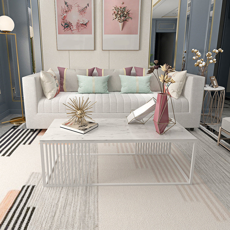 Glam Style Rectangle Coffee Table with Marble Top and Iron Frame Base