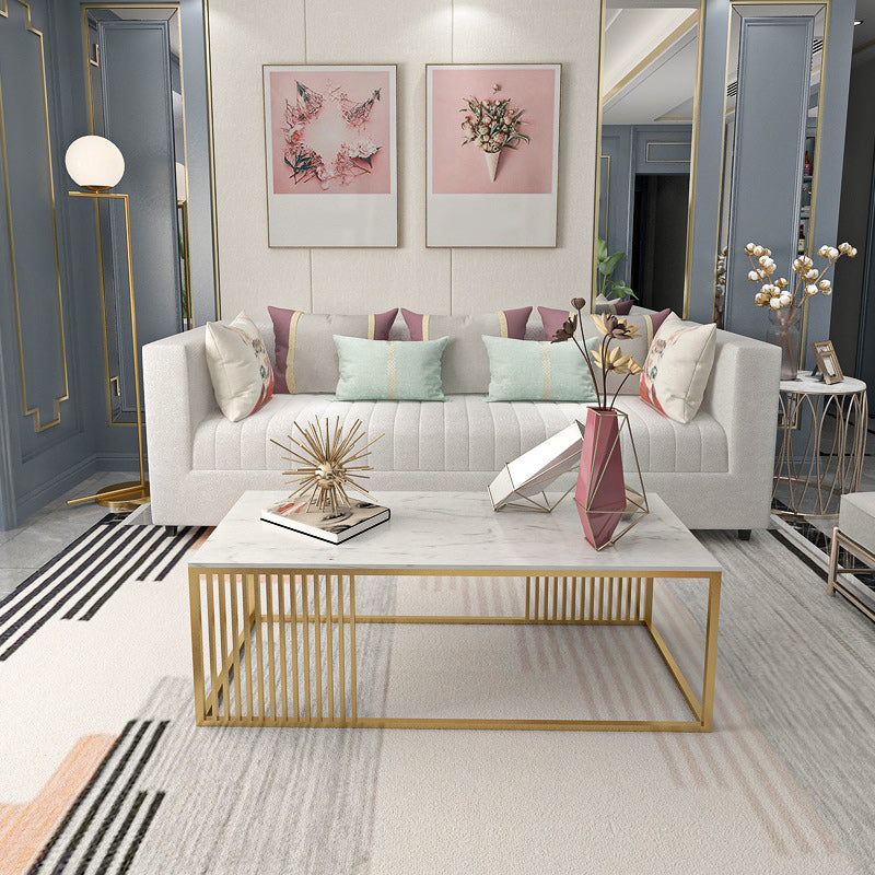 Glam Style Rectangle Coffee Table with Marble Top and Iron Frame Base