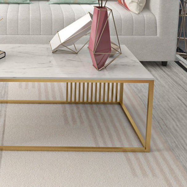 Glam Style Rectangle Coffee Table with Marble Top and Iron Frame Base