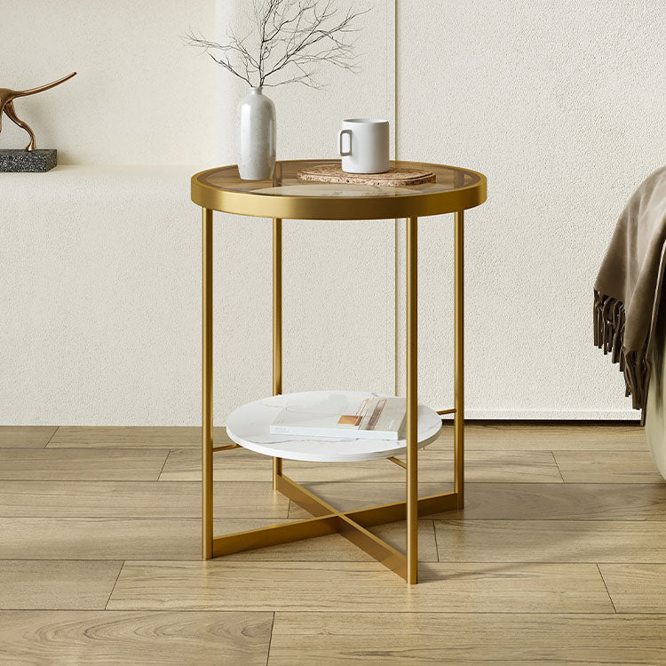 21.65" Tall Iron Cross Legs End Table Round Glass Top Side Table