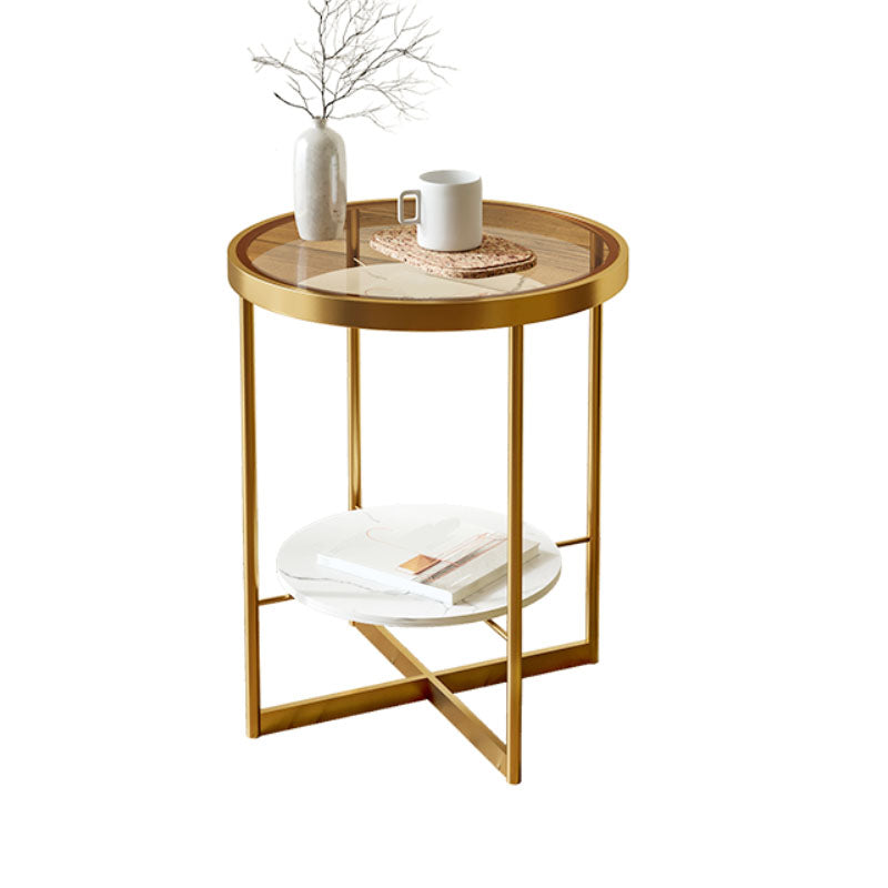 21.65" Tall Iron Cross Legs End Table Round Glass Top Side Table