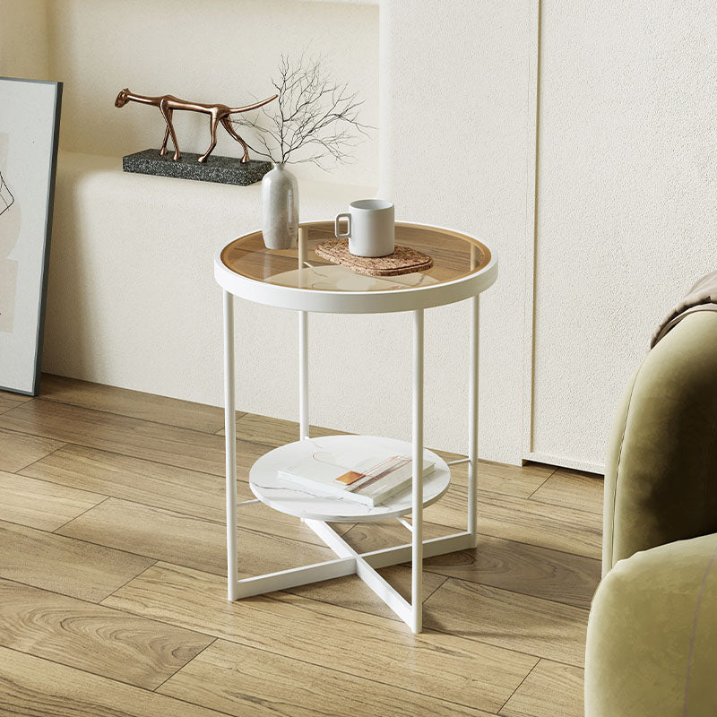 21.65" Tall Iron Cross Legs End Table Round Glass Top Side Table