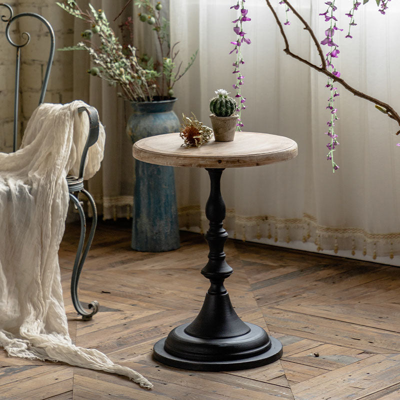 Wood Round Top Side Table Iron Pedestal End Table - Distressed Surface Treatment