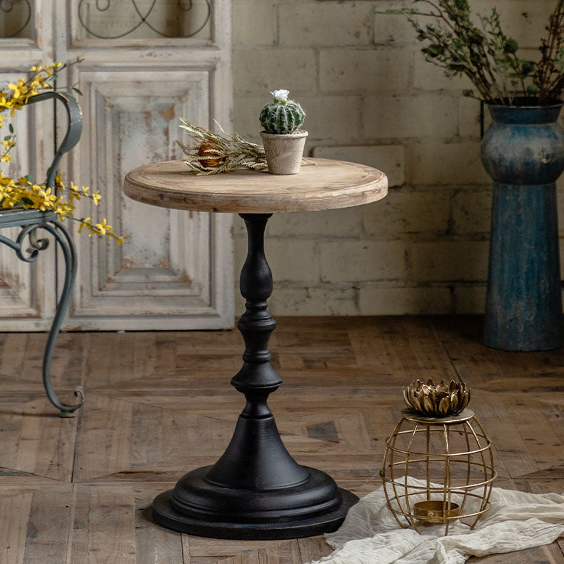 Wood Round Top Side Table Iron Pedestal End Table - Distressed Surface Treatment