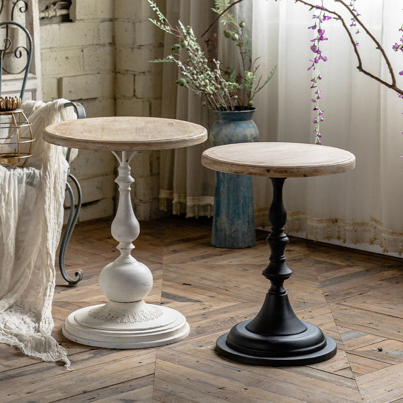 Wood Round Top Side Table Iron Pedestal End Table - Distressed Surface Treatment