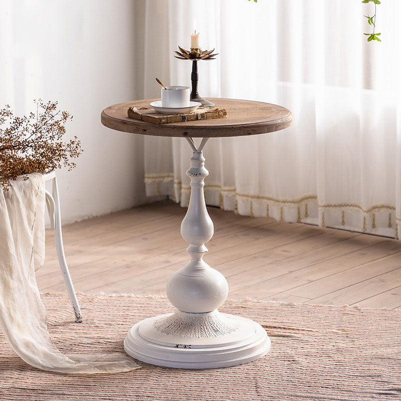 Wood Round Top Side Table Iron Pedestal End Table - Distressed Surface Treatment