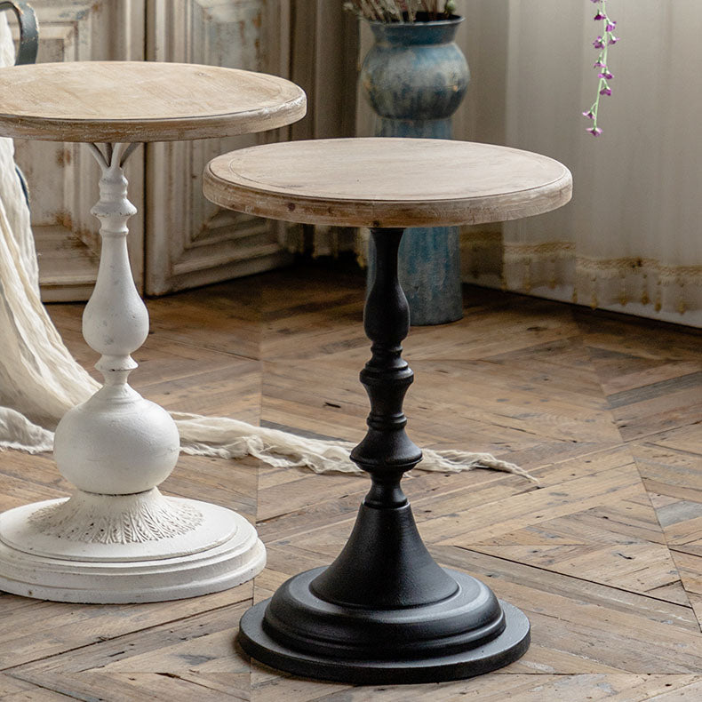 Wood Round Top Side Table Iron Pedestal End Table - Distressed Surface Treatment