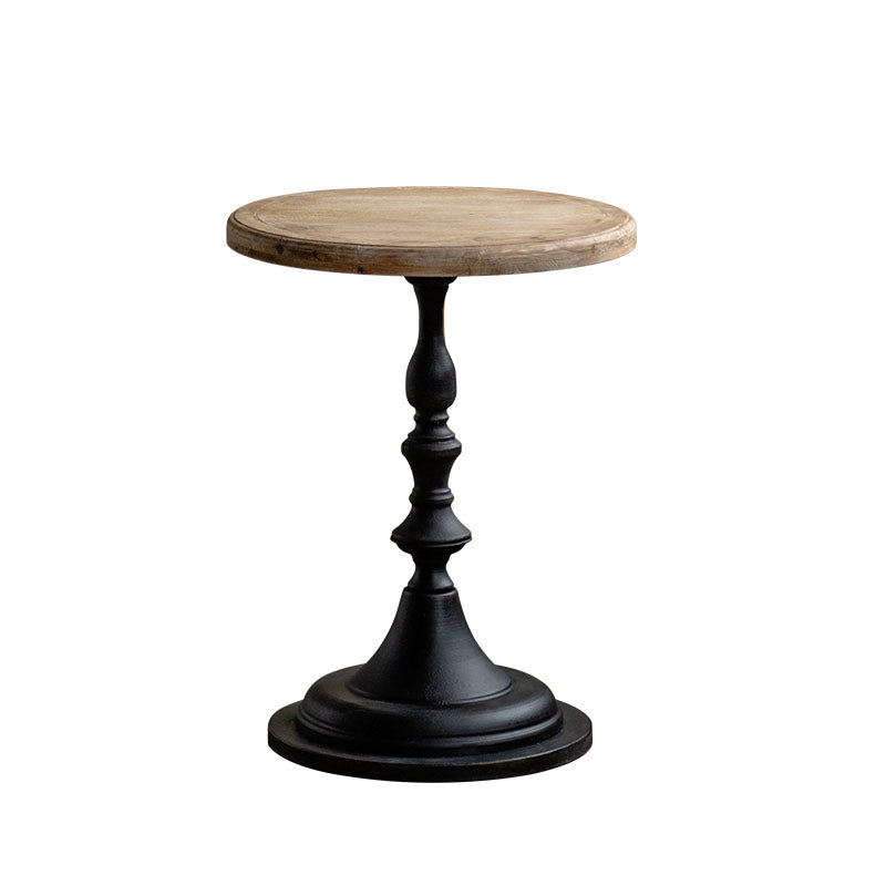 Wood Round Top Side Table Iron Pedestal End Table - Distressed Surface Treatment