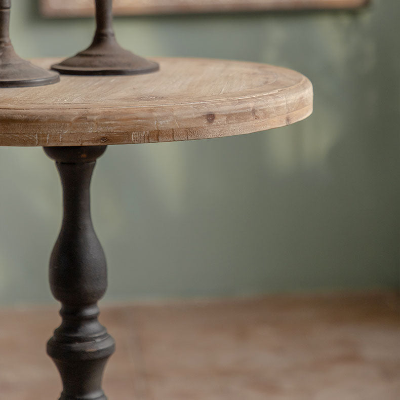 Wood Round Top Side Table Iron Pedestal End Table - Distressed Surface Treatment