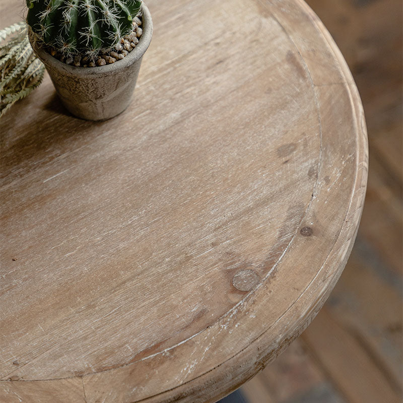 Wood Round Top Side Table Iron Pedestal End Table - Distressed Surface Treatment