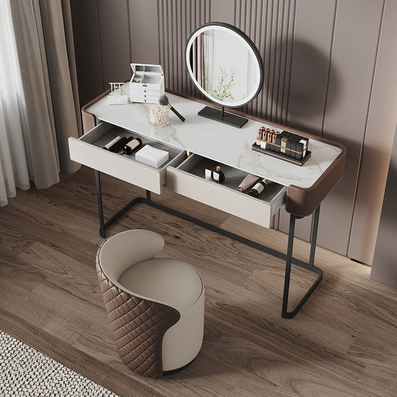 2-Drawer Vanity Makeup Table Stool Set Stone Top Dressing Table