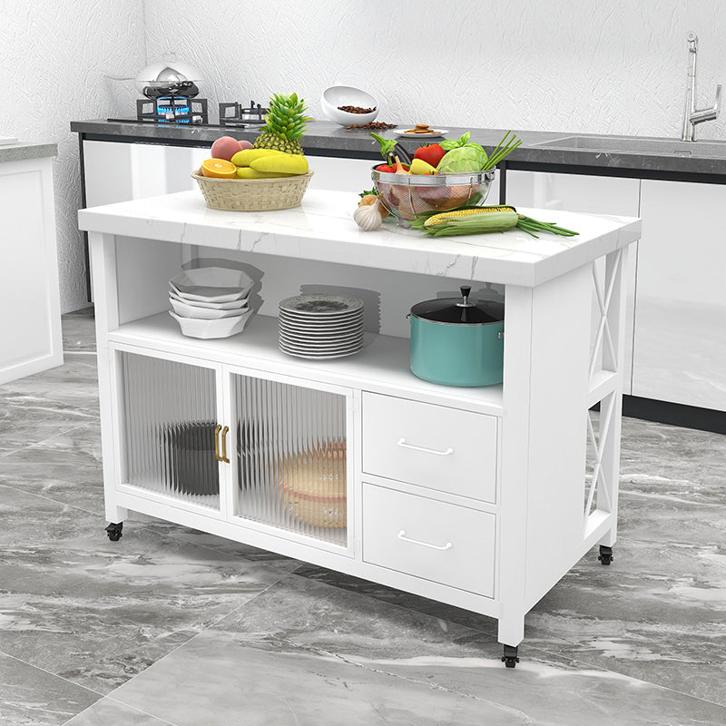 Modern Rolling Kitchen Cart Marble Kitchen Island Cart with Double Sided Cabinet