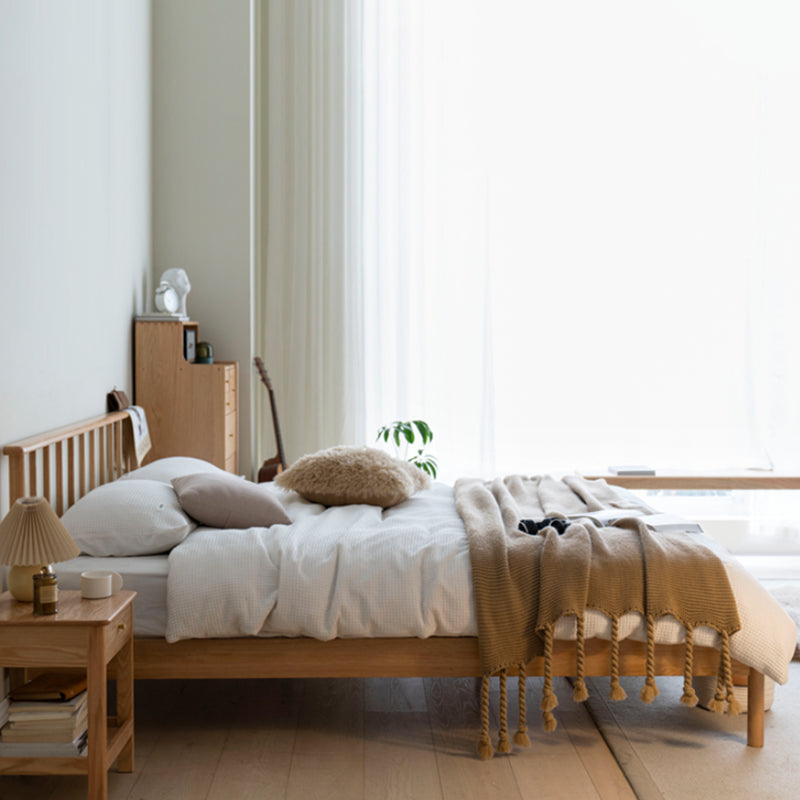 Scandinavian Solid Color Oak Mattress Included with Headboard Slat Bed