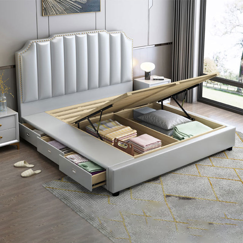 Glam Wood Standard Bed Genuine Leather Bed Frame with Headboard for Bedroom