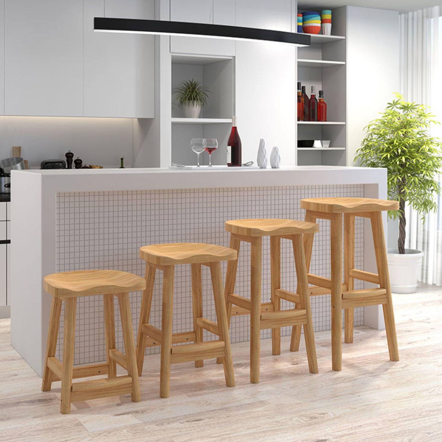 Contemporary Rubberwood Home Stool Solid Wood Backless Barstool