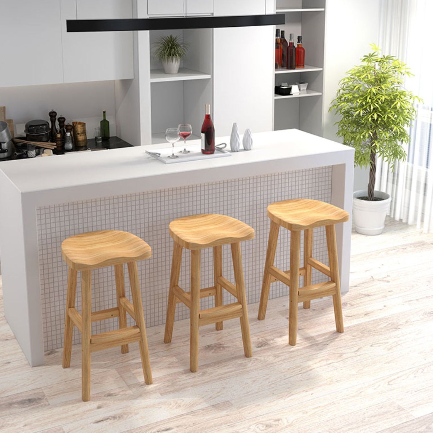 Contemporary Rubberwood Home Stool Solid Wood Backless Barstool