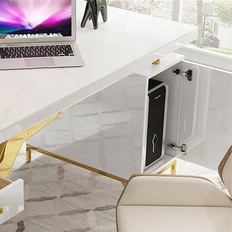 Glam Marble Office Desk Cabinet Storage Pedestal Desk in Gray and White