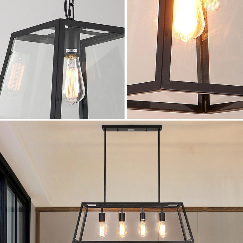 Industrial Metal Island Light Black 4 Lights Island Pendant with Glass for Dining Room
