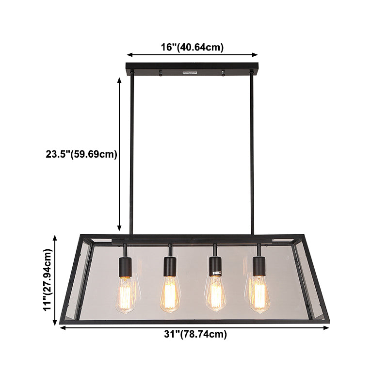Industrial Metal Island Light Black 4 Lights Island Pendant with Glass for Dining Room