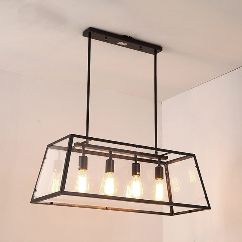 Industrial Metal Island Light Black 4 Lights Island Pendant with Glass for Dining Room