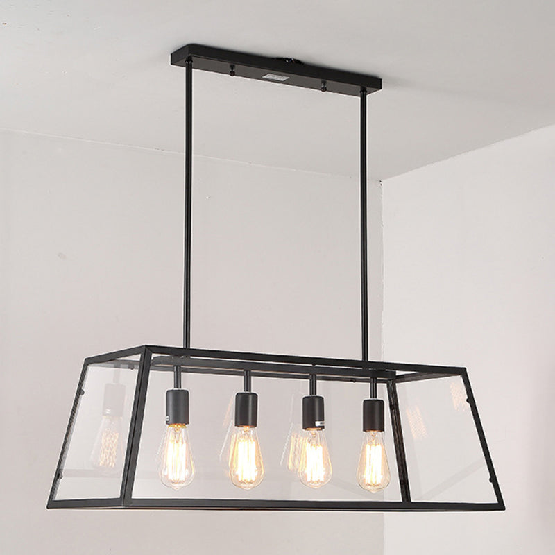Industrial Metal Island Light Black 4 Lights Island Pendant with Glass for Dining Room