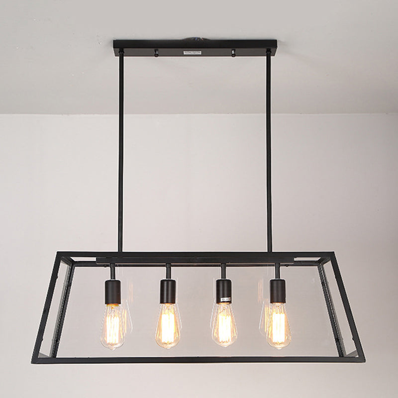 Industrial Metal Island Light Black 4 Lights Island Pendant with Glass for Dining Room