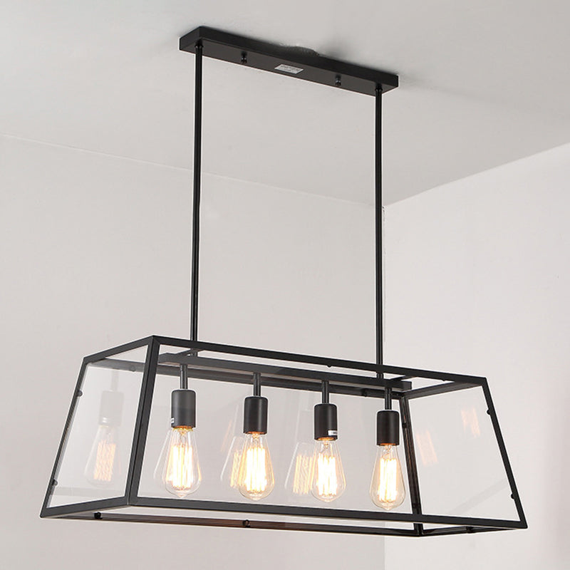 Industrial Metal Island Light Black 4 Lights Island Pendant with Glass for Dining Room