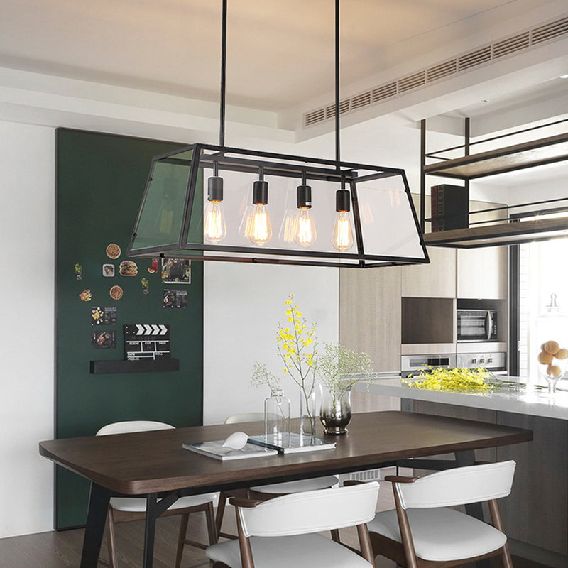 Industrial Metal Island Light Black 4 Lights Island Pendant with Glass for Dining Room