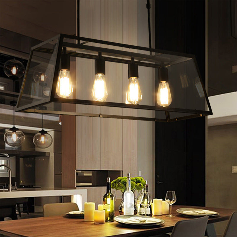 Industrial Metal Island Light Black 4 Lights Island Pendant with Glass for Dining Room