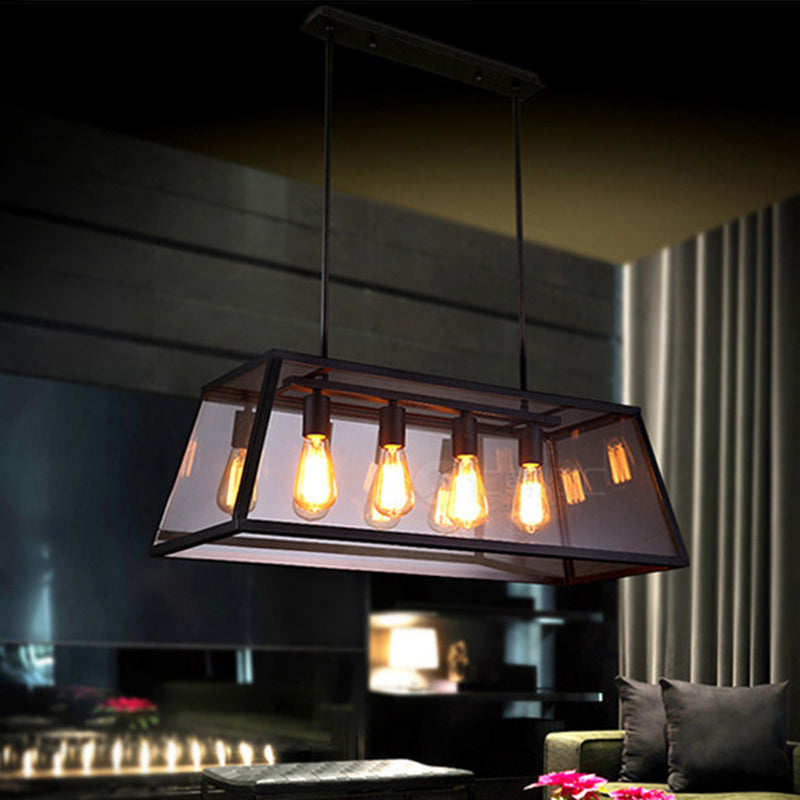 Industrial Metal Island Light Black 4 Lights Island Pendant with Glass for Dining Room