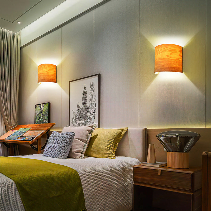 Wood Half-Cylinder Sconce Lights Modern Style 2 Lights Wall Lighting Fixtures