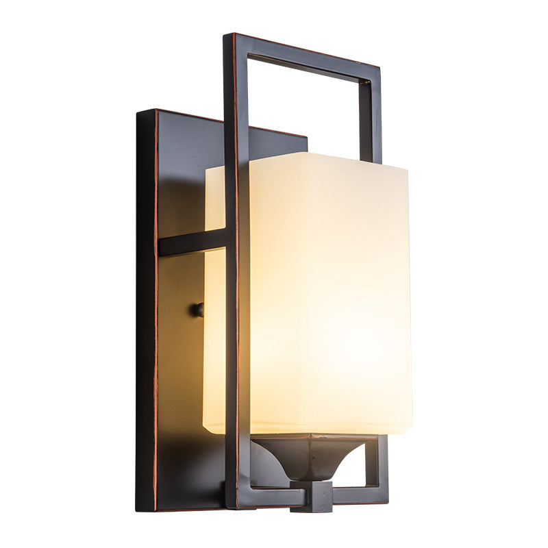 Retro Metal Wall Light Black 1 Light Wall Sconce with White Glass for Living Room