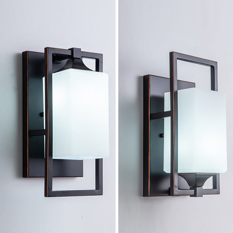 Retro Metal Wall Light Black 1 Light Wall Sconce with White Glass for Living Room